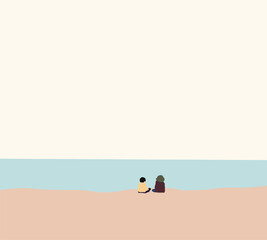 Two boys sitting on the beach enjoying beautiful seascape. Summer time, holiday vacation recreation activities. 