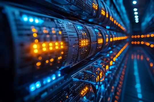 Modern data center servers with blue and orange lights representing data processing - Powered by Adobe