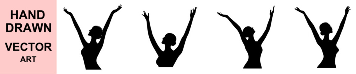 Hand drawn female silhouette vector illustration with raised arms, expressive posture, elegance, minimal beauty, and positive energy, celebrating freedom, confidence, and wellness lifestyle