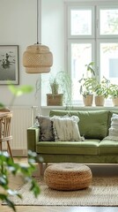 Cozy living room interior with a green velvet sofa, woven pendant light, and natural elements, evoking tranquility