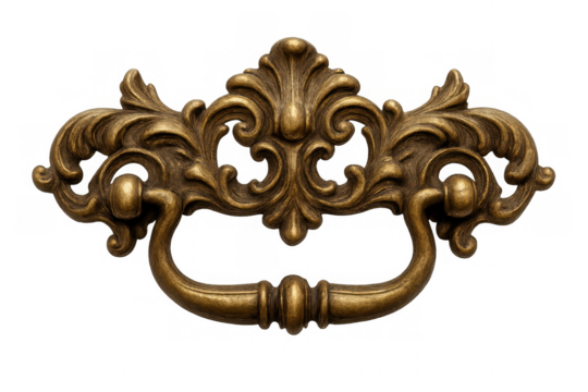 Golden drawer handle with ornate baroque design isolated on transparent background, adding a touch of elegance and luxury to furniture