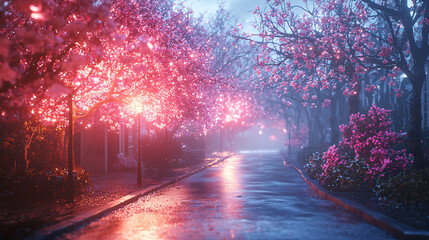 Tranquil Street with Blooming Cherry Blossoms in Soft Morning Light
