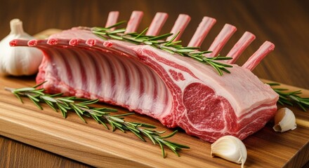 A raw rack of lamb with rosemary sprigs and garlic cloves, prepared for cooking on wooden board.