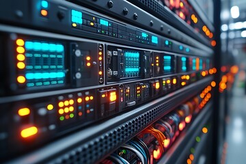 A detailed close-up of a modern data server rack with illuminated displays and cables