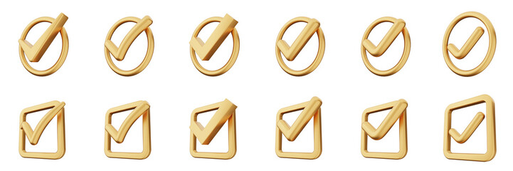 3d checkmark gold correct yes choice right vote verification approved accept icon set bundle illustration