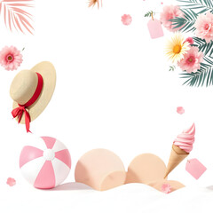 Summer beach vacation background with hat flowers and ice cream for travel and holiday concept on transparent background