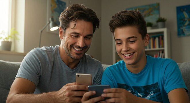 Father and son bonding over the use of mobile phones, sharing a lighthearted moment together indoors.