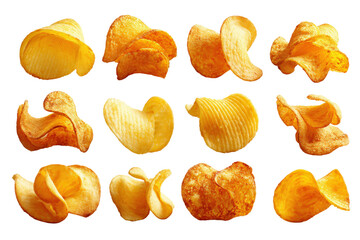 Potato snack collection for packaging design, crunchy texture isolated on a Transparent background, PNG file.