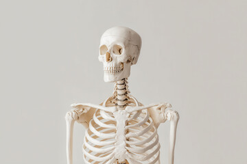 minimalist photograph of human skeleton on clean ultrabright background emphasizing its anatomy and biomechanical