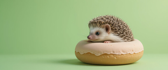 Obraz premium Adorable baby hedgehog lying inside vanilla frosted donut on pastel green background with natural studio lighting and minimal composition perfect for copy space