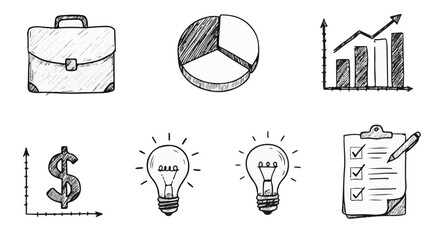 Hand-drawn business icons depict growth charts, briefcase, dollar sign, ideas, and checklist for financial planning and success.