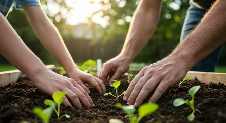 Three individuals are shown tending to seedlings in a raised garden bed, with sunlight filtering through the trees.