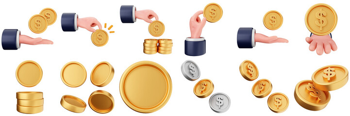 3d money transaction coin finance investment wealth payment income dollar icon set bundle illustration