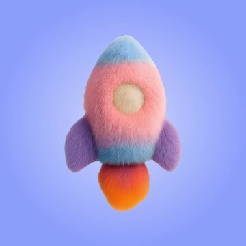 Colorful fluffy rocket toy animation isolated asset, transparent 4K video, alpha channel, ProRes 4444