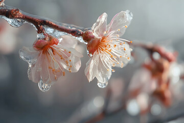 Ice-covered blossoms in soft focus.