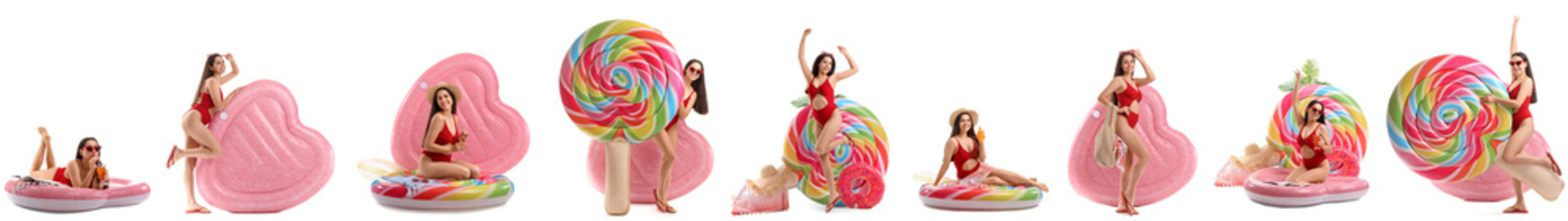 Set of beautiful young woman in swimsuit and with inflatable mattresses on white background