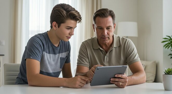Father and son bonding over a tablet computer at the table in a bright modern living room, smiles.