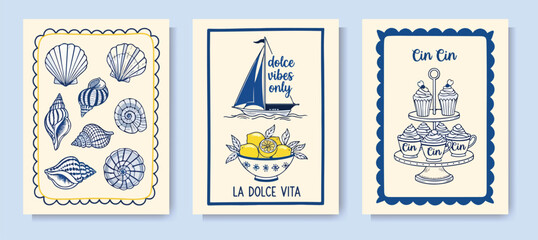 Blue vintage Mediterranean postcard vector set, scalloped shell collection sailboat with lemons La Dolce Vita caption and pastry stand Cin Cin dessert. Nautical kitchen wall decor