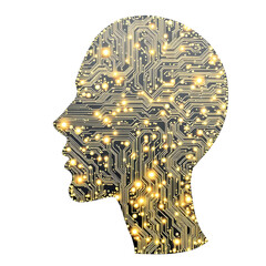 Artificial intelligence ai head circuit board technology machine learning concept design art 3d on transparent background