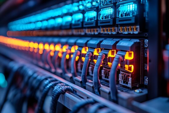 Close up view of data center servers with glowing cables and ports illustrating technology