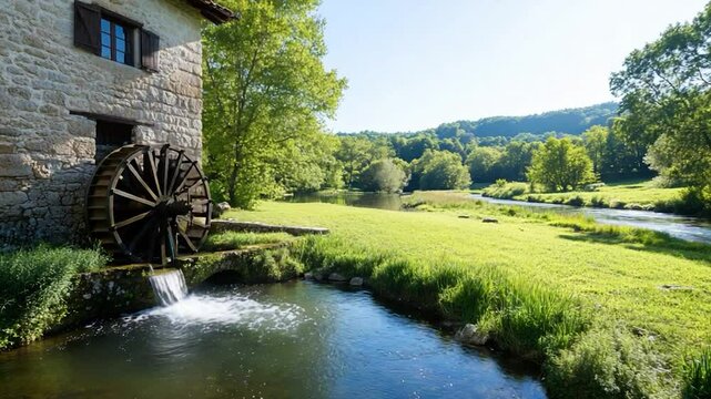 Rustic watermill by river green landscape in sunlight historic stone building water wheel