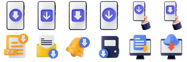 Obraz premium 3d download data file document information online internet down arrow icon set bundle illuatration