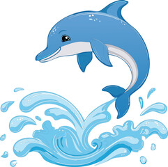 Fototapeta premium A cute blue dolphin jumping out of the water, forming a heart shape together with a splash of water. The style is simple, flat, and sketchy, using soft blue tones. White background Children's book 