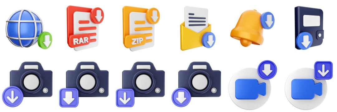 3d download data file document information online internet down arrow icon set bundle illuatration