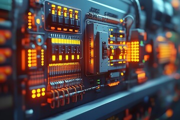 Illuminated technological control panel with glowing lights and electrical components displayed