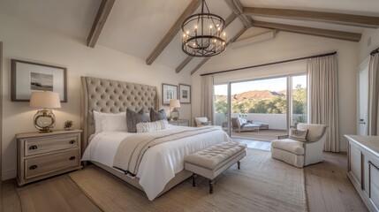 Bright, open bedroom with a tufted headboard and sunlit terrace