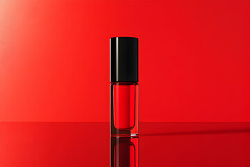 Red nail polish bottle against a vibrant red background.