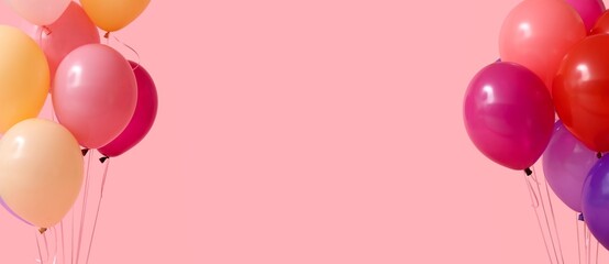 Many colorful balloons on pink background with space for text