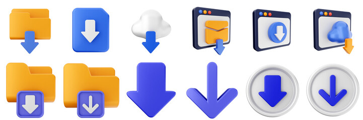 3d download data file document information online internet down arrow icon set bundle illuatration