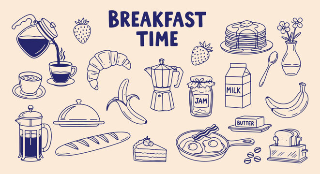Breakfast time blue line vector collection, coffee croissant pancakes moka pot milk bread eggs fruit and tableware illustrations. Cafe menu design