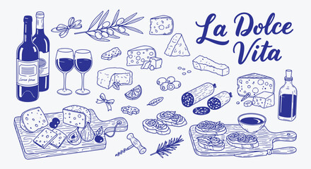 La Dolce Vita picnic set. Hand drawn minimalist art. Girly summer outdoor party. La Dolce Vita Italian food illustration, blue line charcuterie wine cheese salami olive antipasto