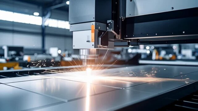 Automated laser cutting machine precisely cutting a sheet of metal in industrial factory with bright sparks, metalworking concept.