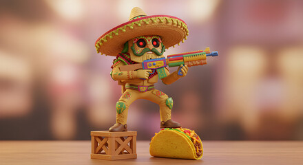 3D rendered illustration of a Mexican Mariachi with a colorful weapon and taco