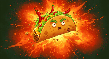 A Cartoon Taco Exploding with Fiery Peppers and Expressive Face on a Dramatic Background
