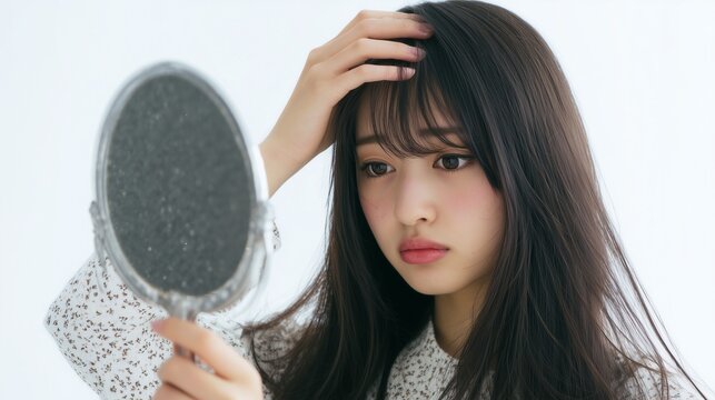 鏡で前髪をチェックする女性