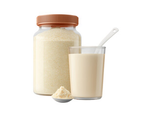 Powder container with a cream-colored dry protein mix next to it isolated on a transparent background.