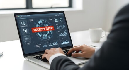 Close-Up of Hands on Laptop Performing Penetration Testing with Digital Security Interface – Perfect for Cybersecurity Websites, Network Protection Tutorials, and Security Consultancy Marketing
