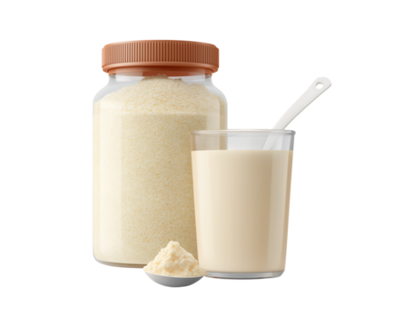 Powder container with a cream-colored dry protein mix next to it isolated on a transparent background.