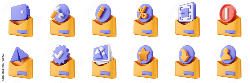 Poster 3d mail email message document file envelope media chat delivery icon set bundle illustration