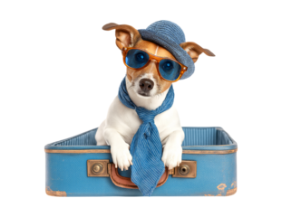 A cute dog sitting on top of an open blue suitcase, wearing sunglasses and a hat with a colorful tie isolated on a transparent background.