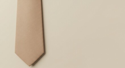 Beige tie with textured fabric lying flat on a matching surface with ample negative space.