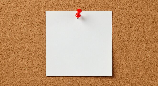 A blank piece of paper is pinned to a corkboard with a red push pin in the top center area.