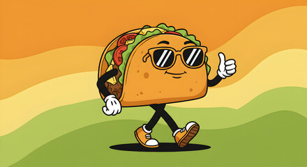 Cartoon Taco Character with Sunglasses Walking and Giving a Thumbs Up