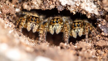 Three spiders in a burrow