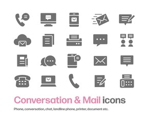 会話やメールのアイコンセット。電話,メッセージ,チャット,手紙,吹き出し,会議,受話器等のシンプルなシルエットアイコン
