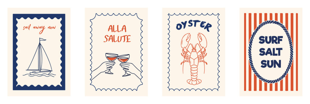 Hand draw la dolce vita vintage posters. Summer Italy. Retro nautical postcard vector collection, sailboat surf salt sun lobster oyster and champagne toast quotes on vintage stamp frames. Coastal summ